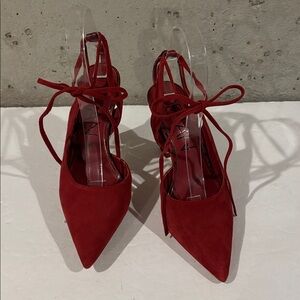 Deltan Juliana Suede Ankle Tie Flared Heel Pumps - Size 6